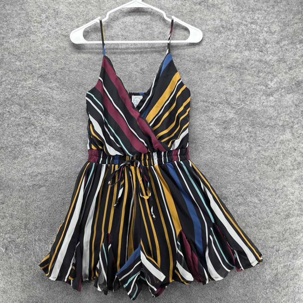 Blue Rain Romper Womens M Black One-Piece V-Neck Ruffle Chiffon Striped